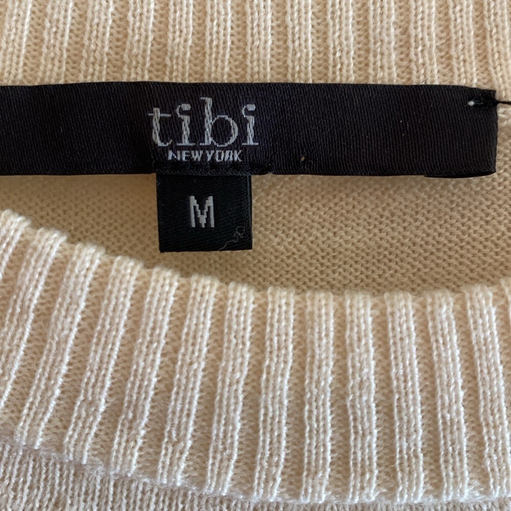 Tibi Wool Blend Long Line L/S Fine Gage Knit Sweater Boucle Front Panel Cream M
